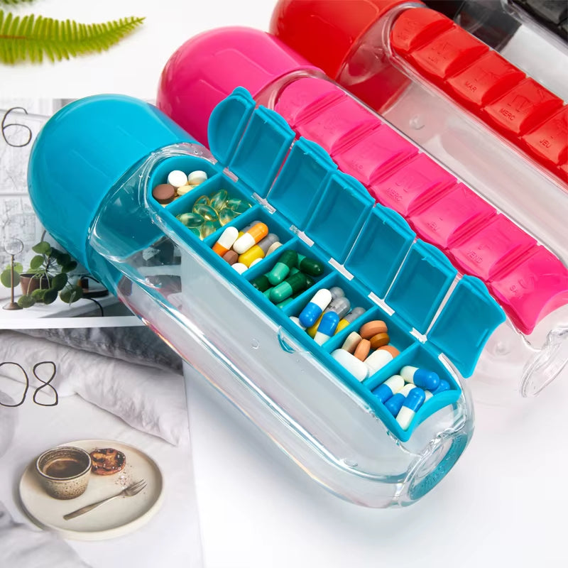 2 in 1 600Ml 7 Grids Medicine Box Water Cup Sports Plastic Water Bottle Combine Daily Pill Boxes Organizer Drinking Bottles