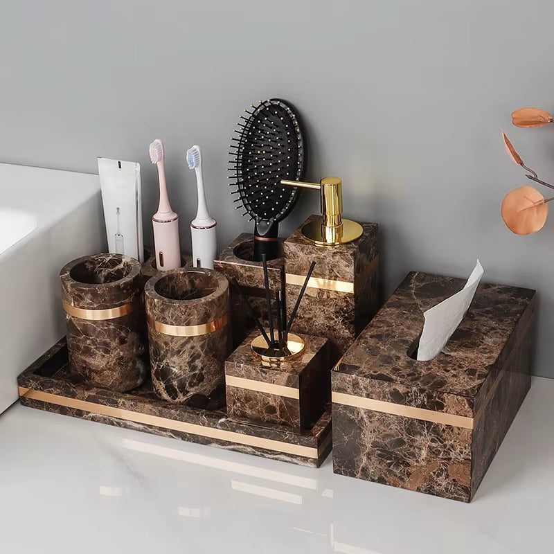 Emperador Dark Natural Marble Bathroom Set Luxury Stone Toothbrush Holder Tooth Mug Soap Dispenser Bathroom Accessories