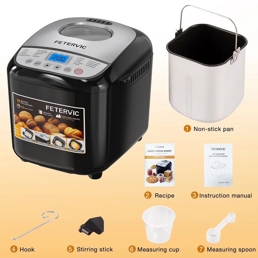 19-IN-1 Bread Maker, 2LB Bread Machine Nonstick Ceramic Pan Bread Maker Machine for Gluten Free/Dough Maker/Dried Meat Floss/Jam/Yogurt, Breadmaker Recipe,Black