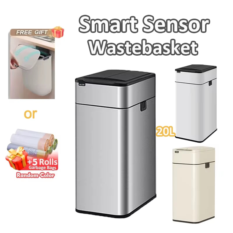 Smart Trash Can 20L Kitchen Two-Way Sensor Dustbin Wastebasket Automatic Bagging Trash Bin Stainless Home Rectangular Waste Bin