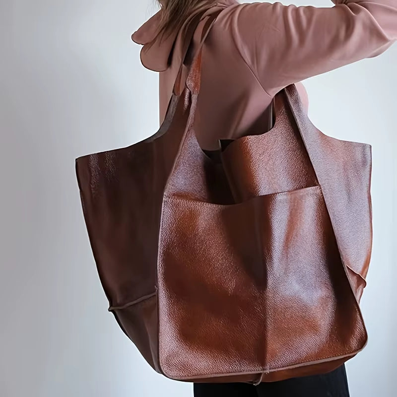 Retro Minimalist Tote Bag Large Capacity Shopping Bag Fashion PU Leather Soft Leather Shoulder Bag