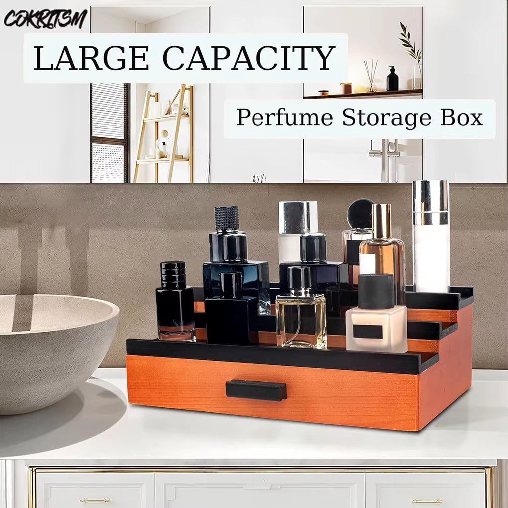 Storage Organizer Elegant Wooden Perfume Display Stand with Drawer Storage Capacity Desktop Organizer for Fragrances