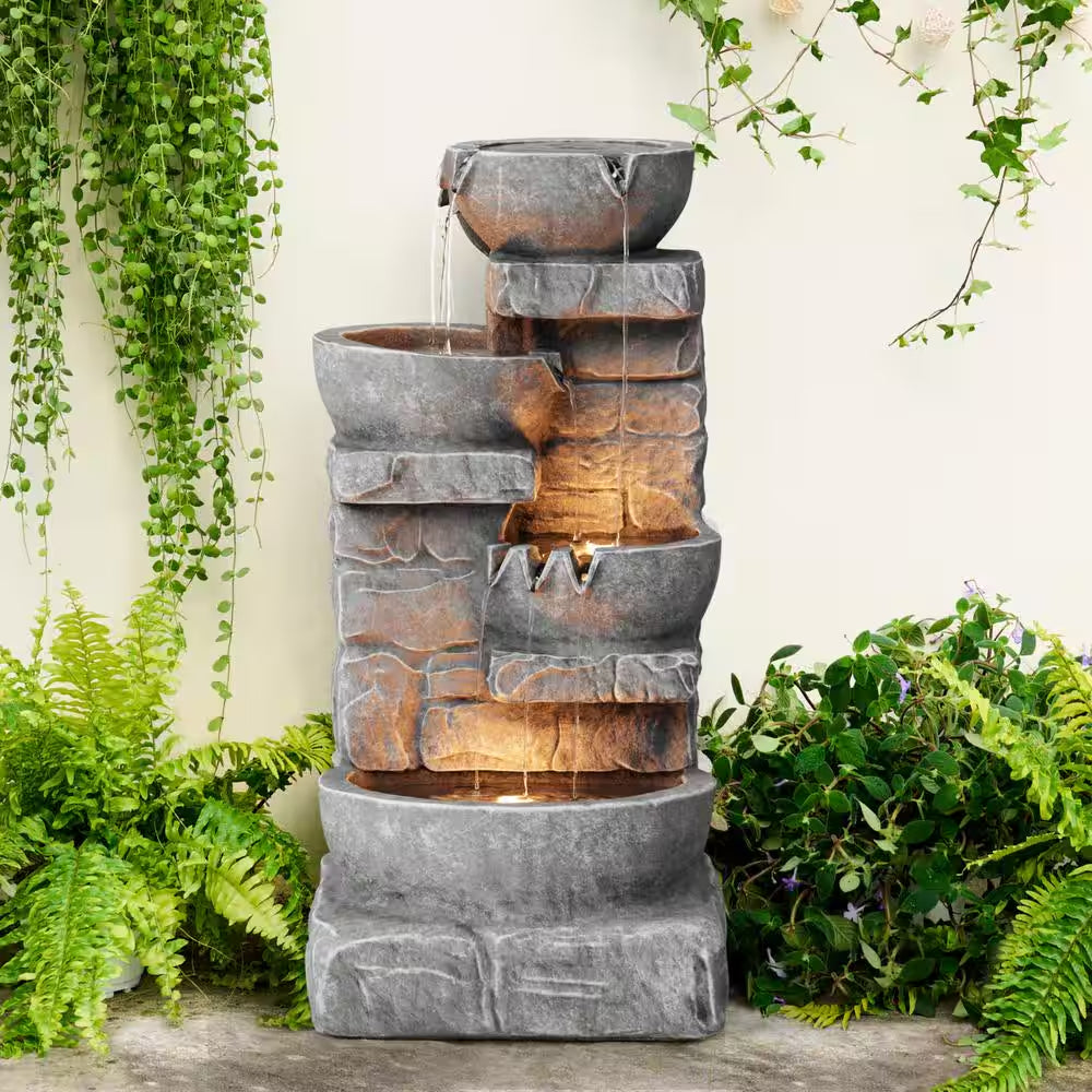Outdoor Zen Garden 33 In. Stone-Texture Polyresin Cascading Waterfall Fountain with LED Lights