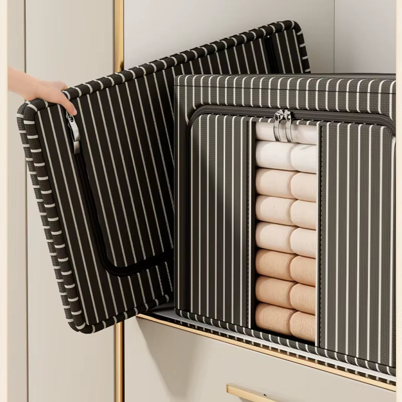 Oxford Striped Wardrobe Organizer - Home/Clothing Storage Box with Handle and Window, Steel Frame - Waterproof - Foldable (60Cm)