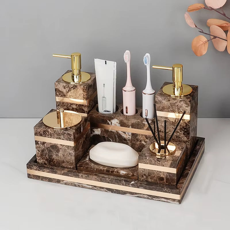 Emperador Dark Natural Marble Bathroom Set Luxury Stone Toothbrush Holder Tooth Mug Soap Dispenser Bathroom Accessories