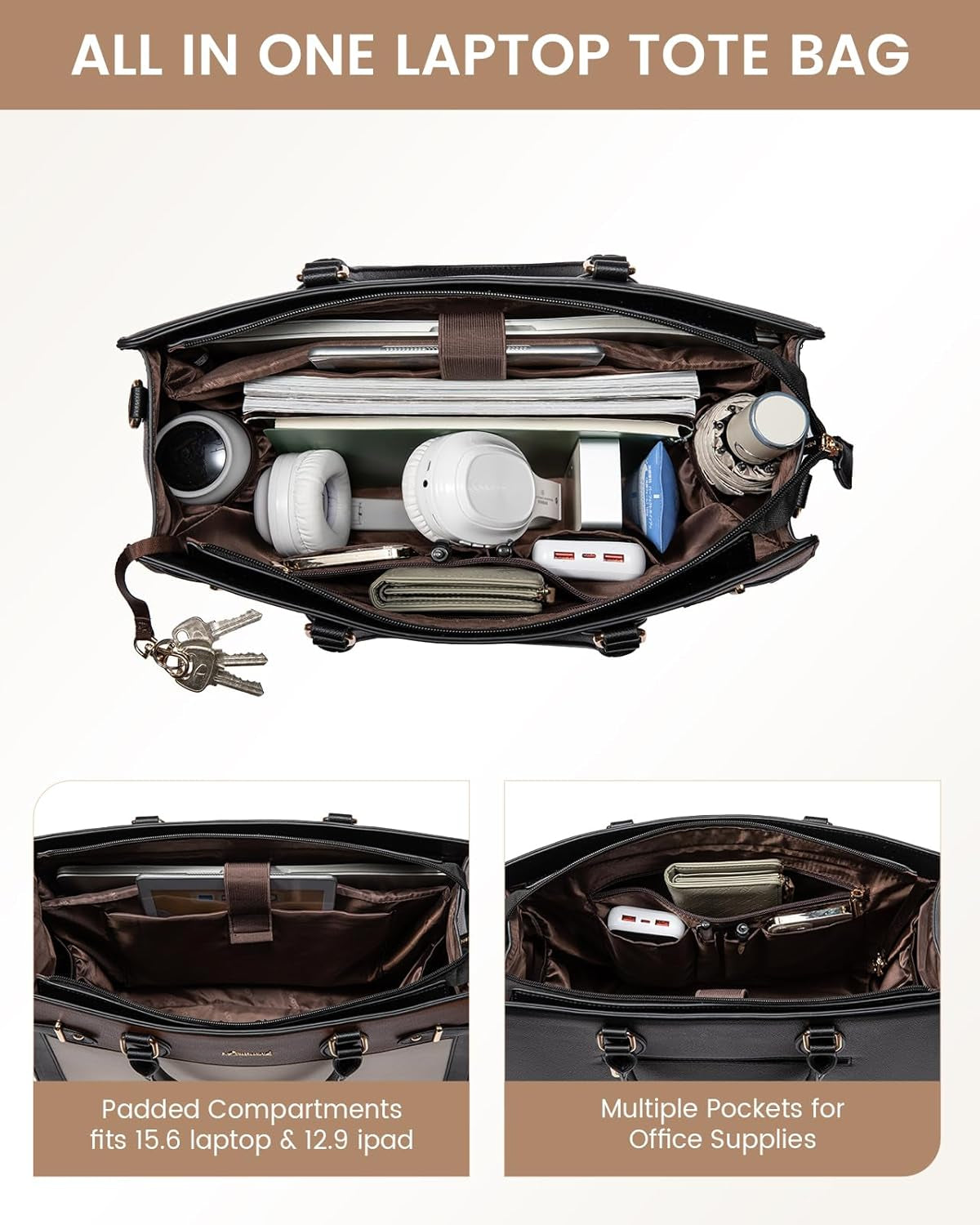 Laptop Bag for Women 17 Inch Work Tote, Business Computer Briefcase, PU Leather