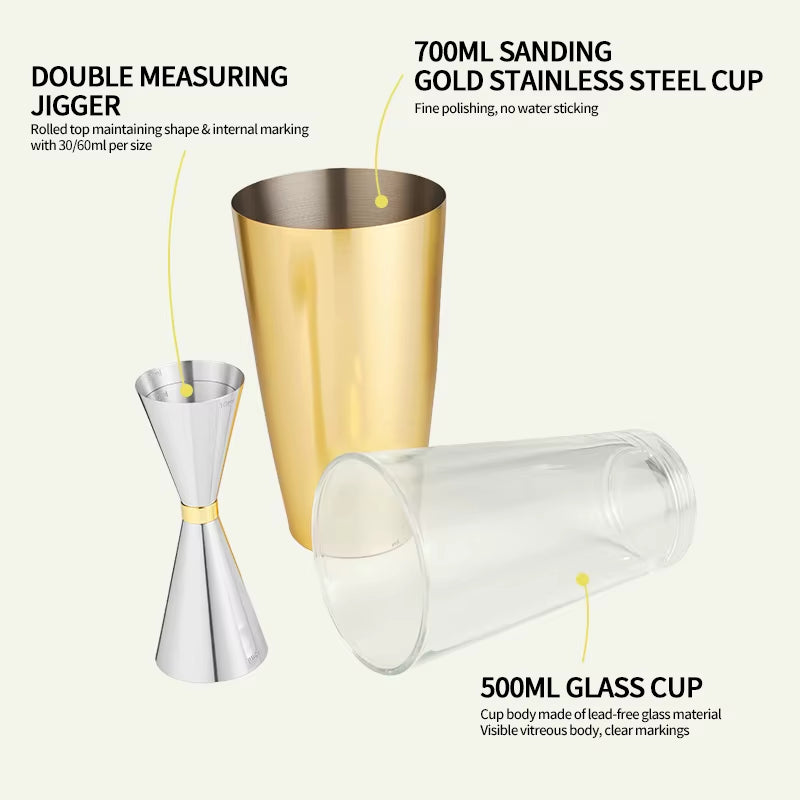 Glass Stainless Steel Cocktail Shaker Mixer Wine Martini Boston Shakers for Bartender Enthusiast Drink Party Bar Tools 500 700ML