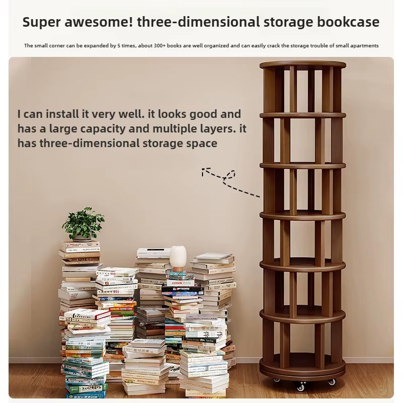 360-Degree Rotating Solid Wood Bookshelf: Floor-To-Ceiling, Wall-Mounted, Narrow Corner Cabinet