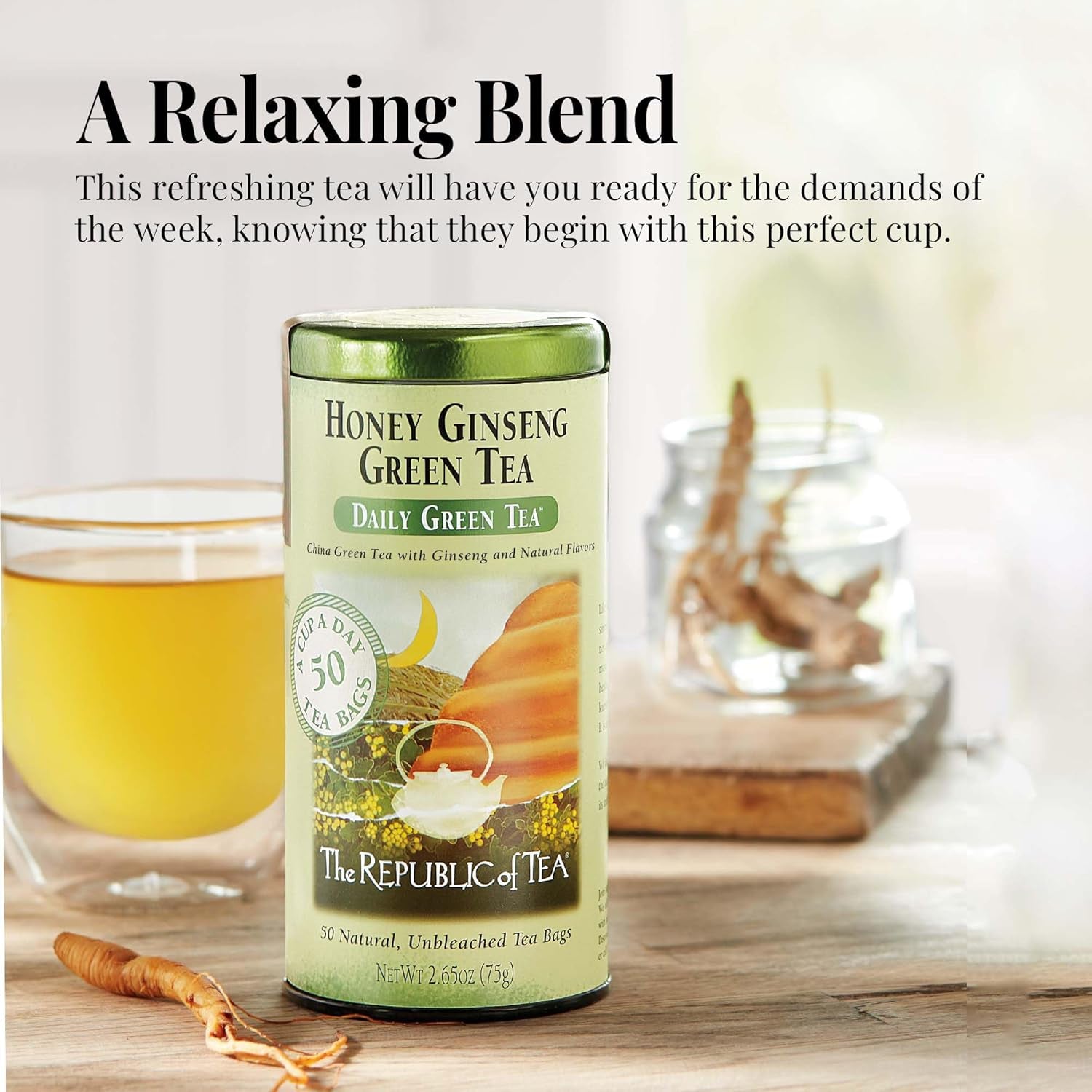 - Honey Ginseng Green Tea, 50 Tea Bags, Tin | Flavored Gourmet Tea | Caffeinated