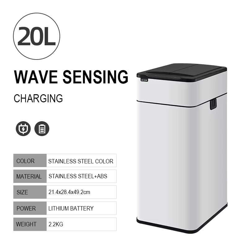 Smart Trash Can 20L Kitchen Two-Way Sensor Dustbin Wastebasket Automatic Bagging Trash Bin Stainless Home Rectangular Waste Bin