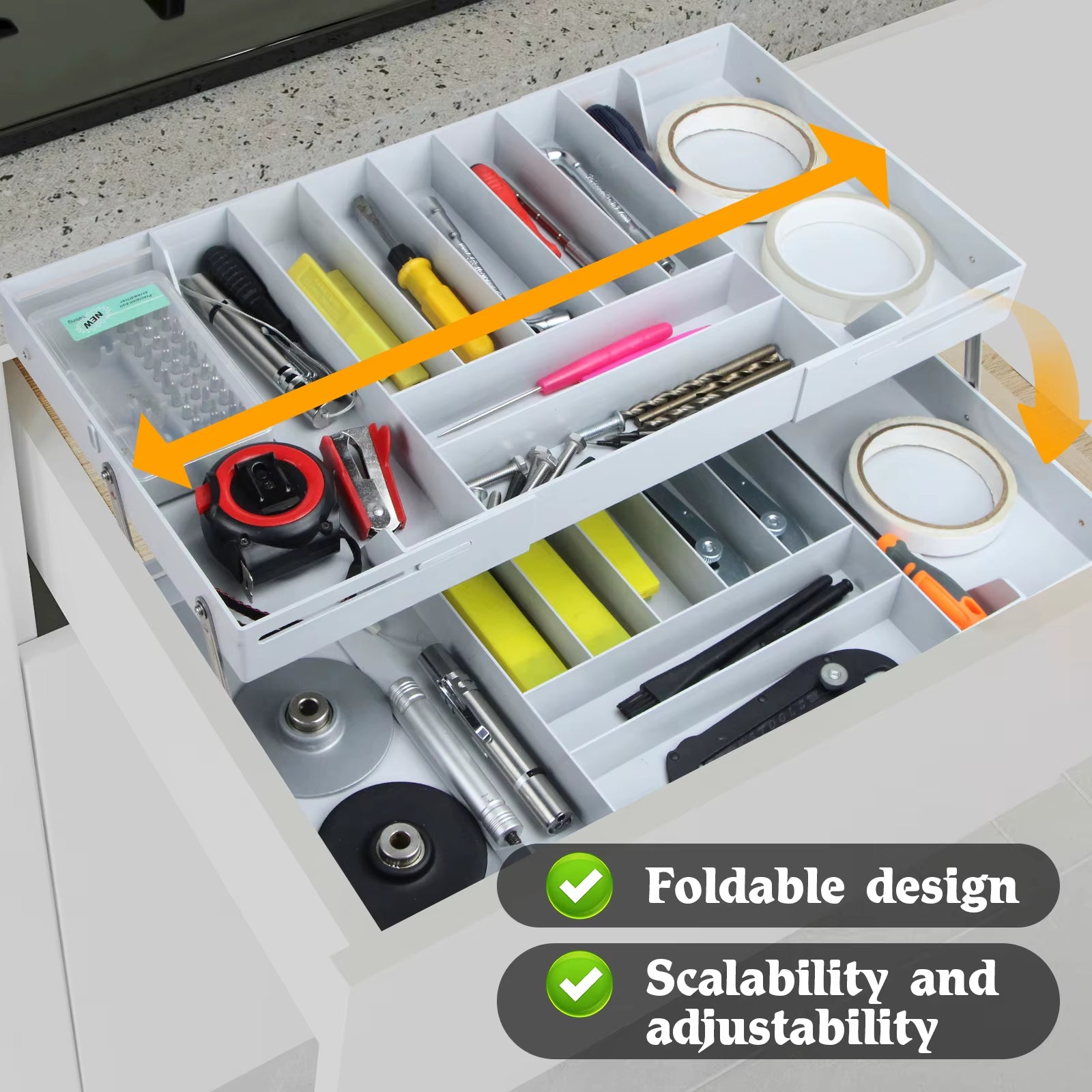 2 Tier Drawer Organizer Multi Level Collapsible Expandable Desk Organizer Trays for Office Supplies, Kitchen Gadgets Utensils