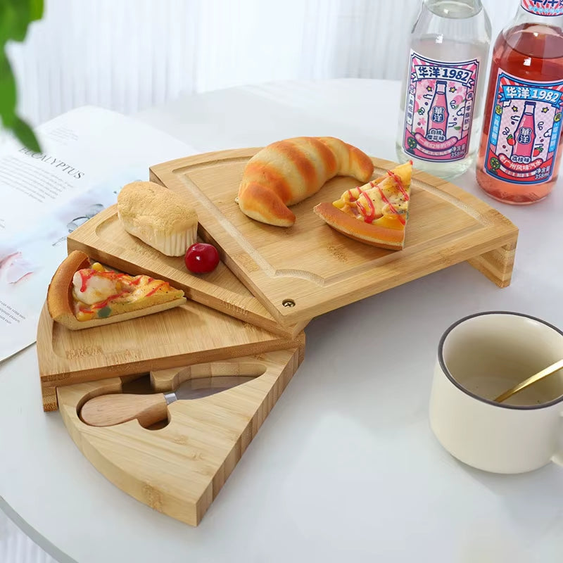 Bamboo Cheese Board Set round Rotatable Cheese Board Vegetable Board with Knife Steak Bread Fruit Snack Plate