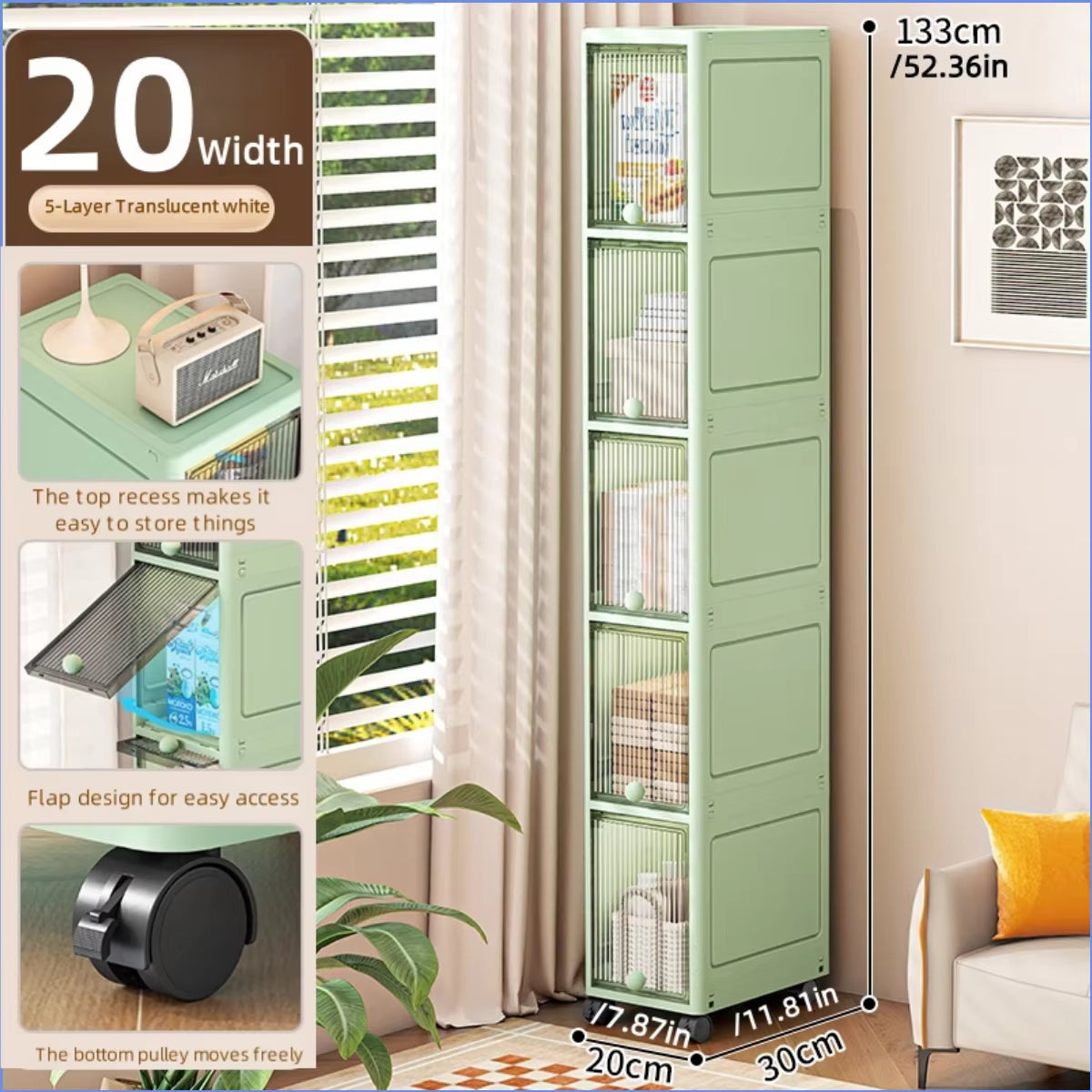 20Cm-Flip Lid Slit Storage Cabinet, Kitchen Slit Shelf, Bathroom Multi-Layer Plastic Snack Cabinet, Narrow-Edge Storage Cabinet