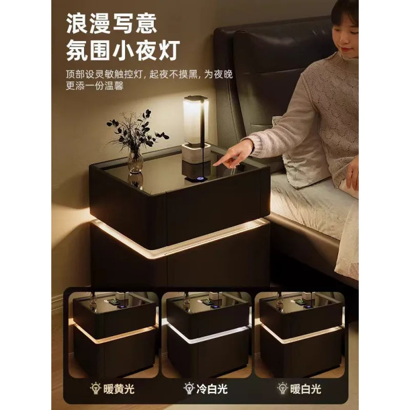 Smart Nightstand with LED Light Wireless Charging Safe or 2 Drawers – Modern Bedside Table Tempered Glass Top No Assembly