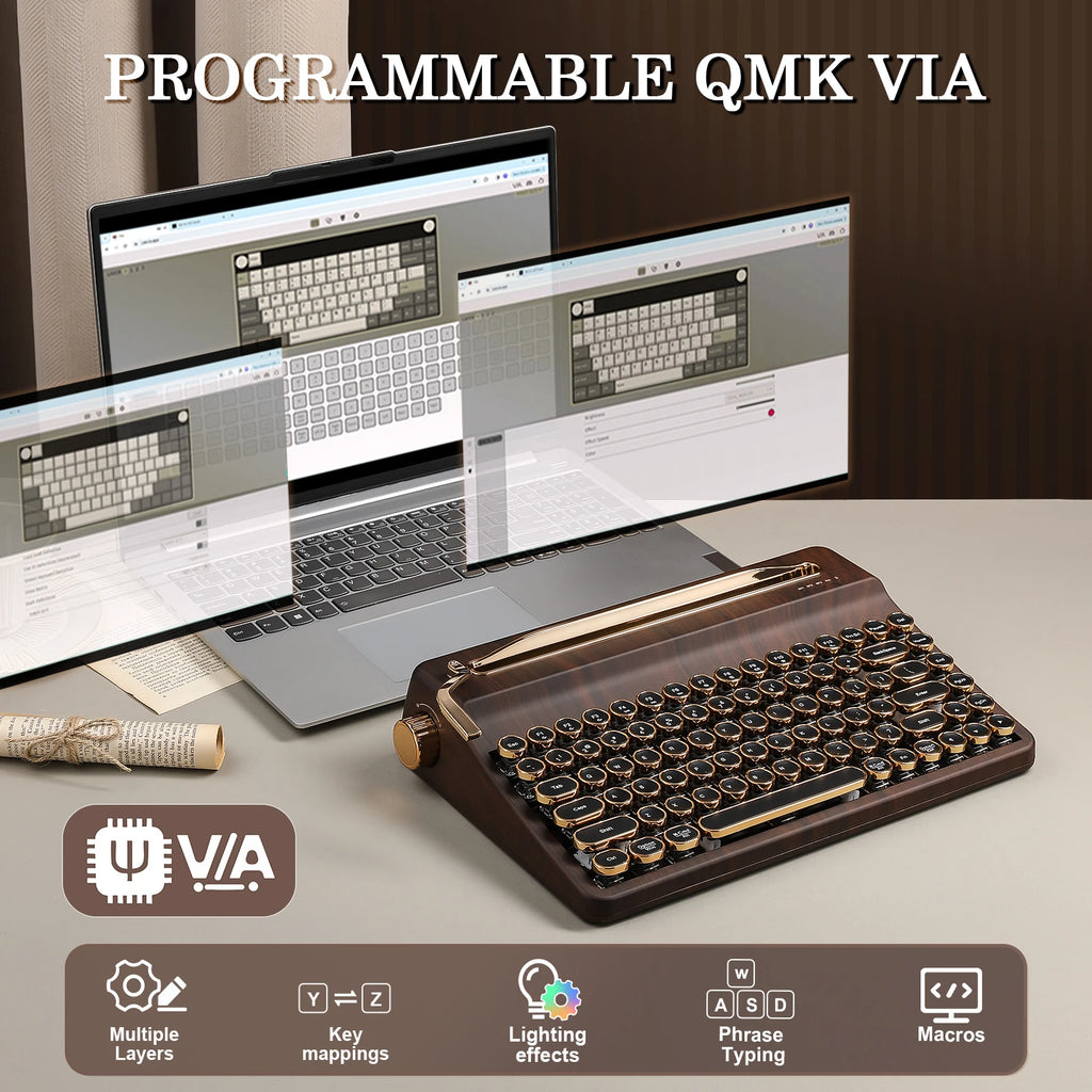 QL75 Wood QMK/VIA Mechanical Keyboard, Retro Style RGB Wireless Mechanical Keyboard, Mac/Win Customizable, Gift Box Pack