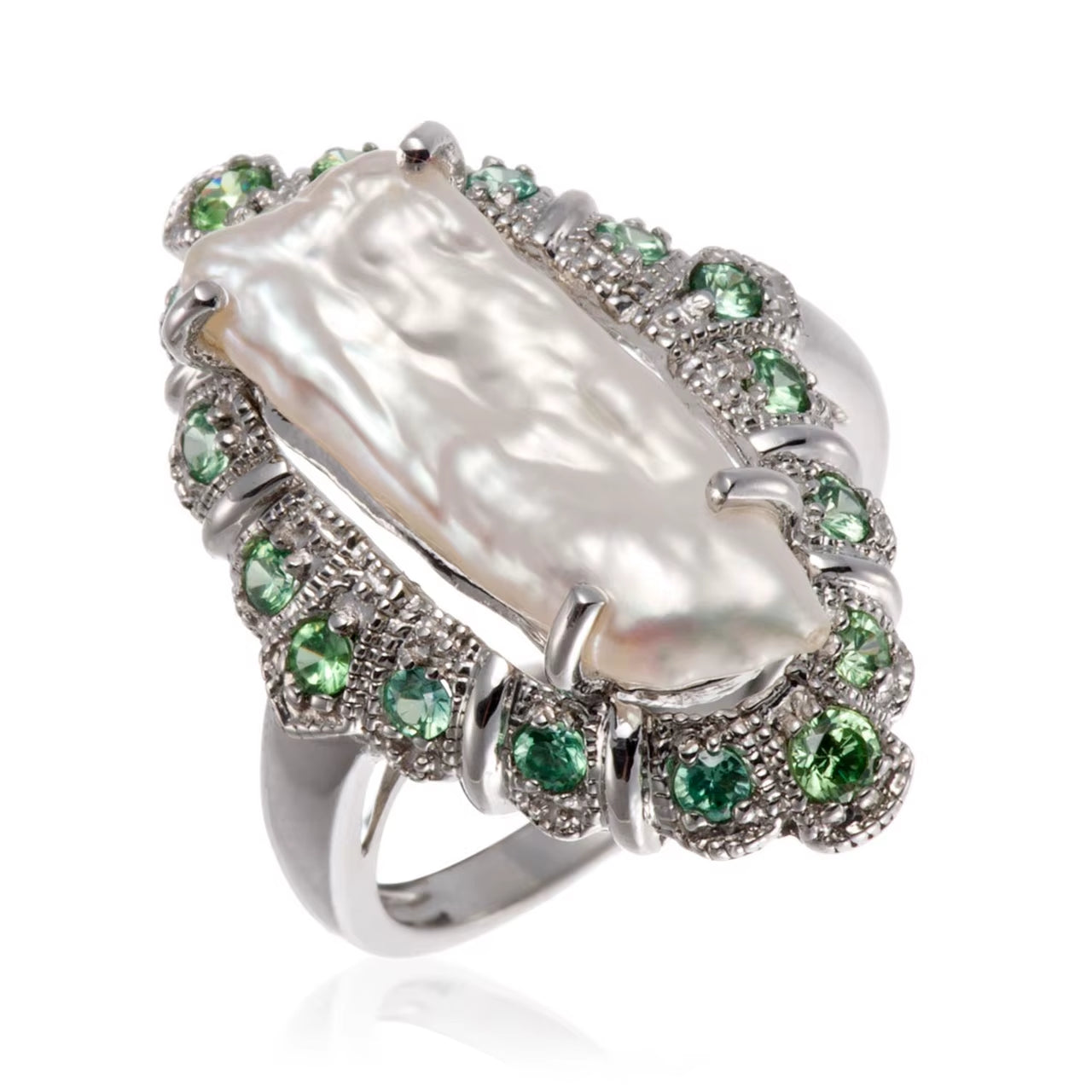 Baroque 21X9Mm Freshwater Pearl and Peridot Rhodium over Sterling Silver Ring Natural Cute Custom Pinky for Women Luxury