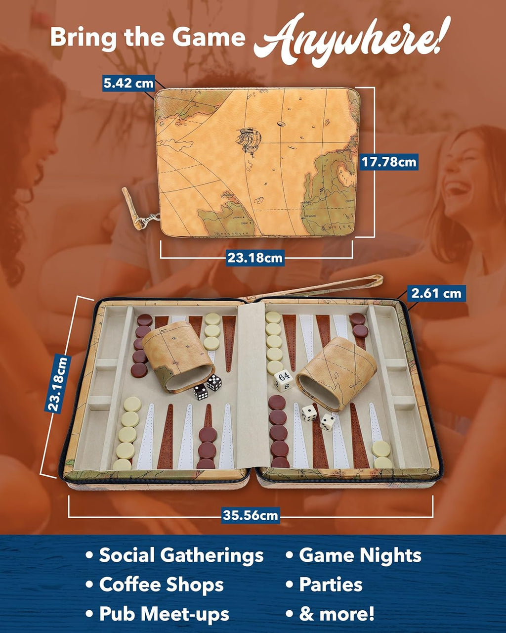 Magnetic Map Style Backgammon Board and Carrying Strap - Board Games for Adults, Travel Games, Travel Backgammon Sets for Adults