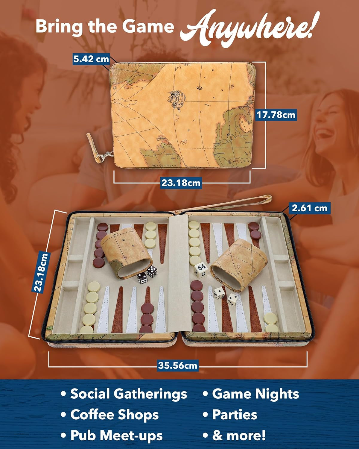 Magnetic Map Style Backgammon Board and Carrying Strap - Board Games for Adults, Travel Games, Travel Backgammon Sets for Adults