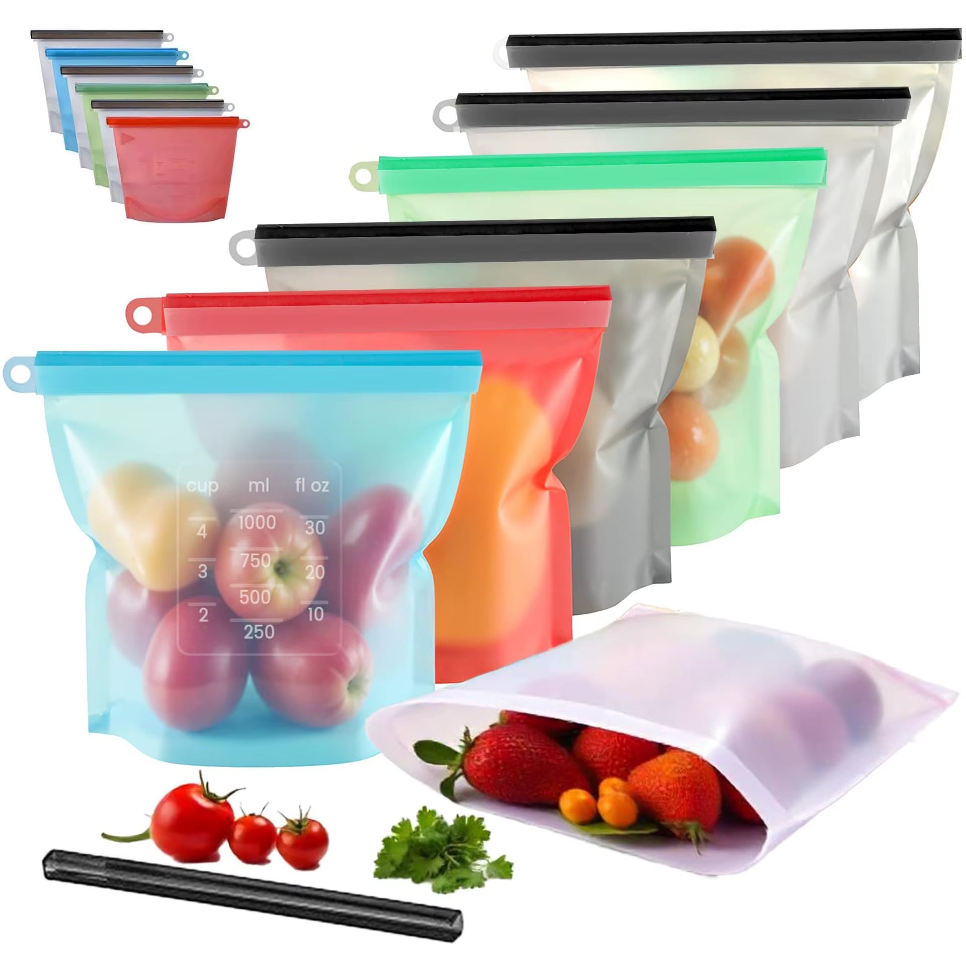 5Pcs Silicone Food Storage Containers Leakproof Containers Reusable Stand up Zip Shut Bag Fresh Bag Food Storage Bag Fresh