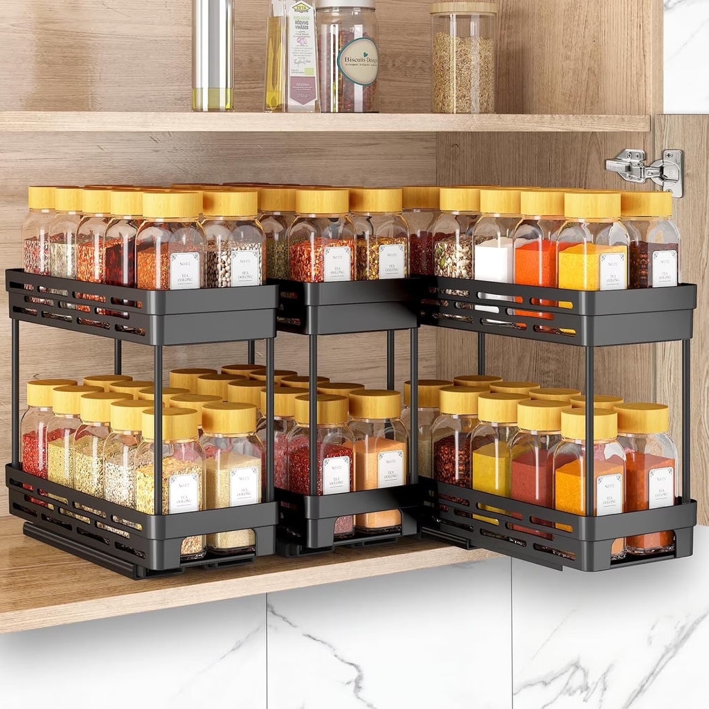 3 Packs Pull Out Spice Rack Organizer for Cabinet,  Slide Out Spice Racks Organizer, Easy to Install Spice Cabinet Organizers, 4.33''Wx10.4''Dx8.5''H, Each Tier Hold 10 Spice Jars - 2 Tier