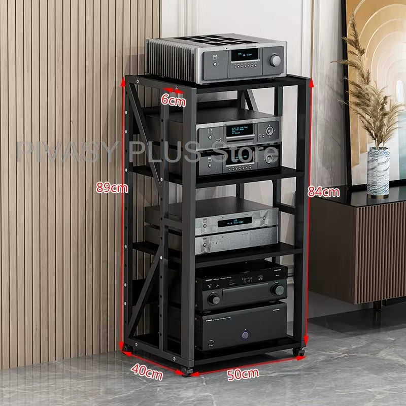 Adjustable 2-5 Tier Audio Rack Steel Frame Media Console E1 Panels Amplifiers Bracket with Wheels for Amp Home Theather Storage