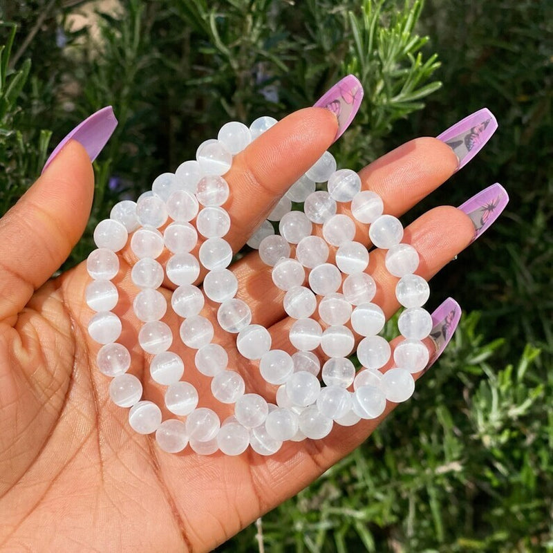 Genuine Selenite 8M Beads Healing Balance Reiki Stretch Women Men Bracelet Gifts
