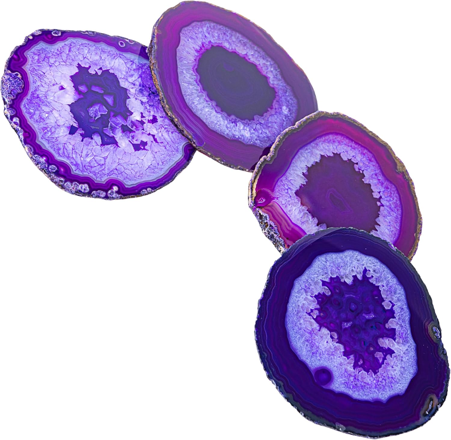 Purple Agate Stone Coasters - Set of 4, Polished Geode Drink Mats for Dining & Coffee Table & Kitchen Geode Decor Non-Toxic 4.5-5" Diameter
