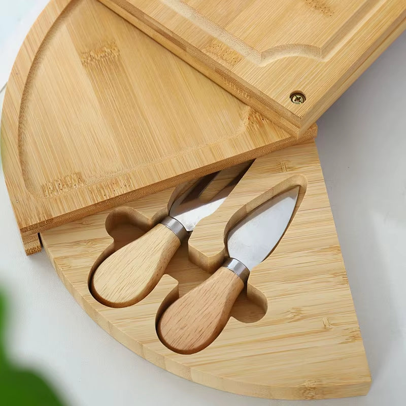 Bamboo Cheese Board Set round Rotatable Cheese Board Vegetable Board with Knife Steak Bread Fruit Snack Plate
