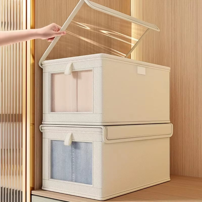 1Pc Foldable Clothes Storage Box Canvas Storage Box Thickened Household Dustproof Storage Box with Cover with Transparent Window