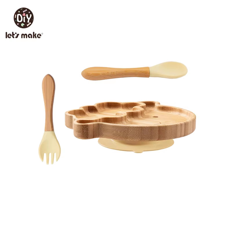 Let'S Make Baby Dinner Plates Set Wooden Cartoon Dinner Plate Fork Spoon Children Feeding Plate Safe Edible Silicone Product