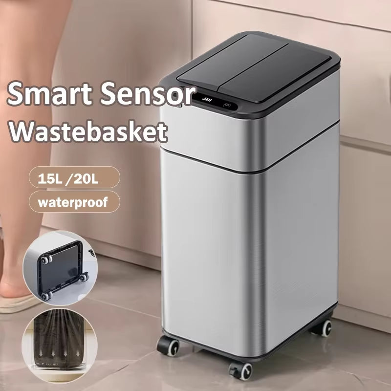 Smart Trash Can 20L Kitchen Two-Way Sensor Dustbin Wastebasket Automatic Bagging Trash Bin Stainless Home Rectangular Waste Bin