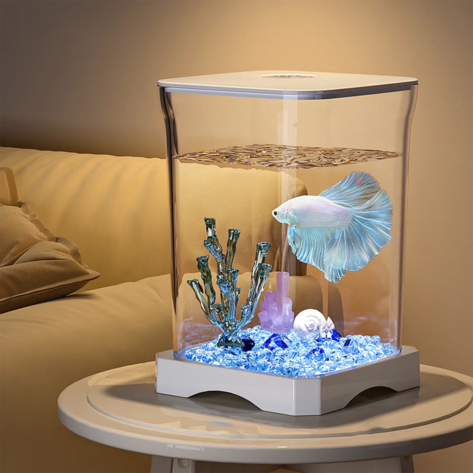 Mini Self-Cleaning Aquarium LED Cube Ecosystem, Desktop Aquarium Starter Kit LED Lighting Design, Fake Fish Tank Mini Aquarium, Fake Aquarium Decorative Lamp, Gift for Kids, White