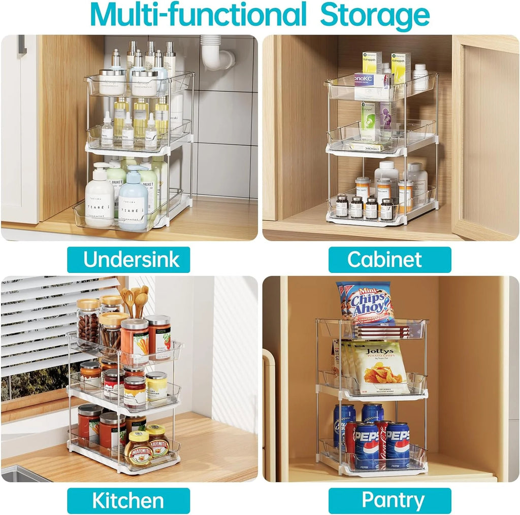 3-Tier Multi-Purpose Bathroom under Sink Organizers and Storage, Stackable Clear Pantry Organization and Storage, Pull Out Kitchen Cabinet Organizer with Movable Dividers