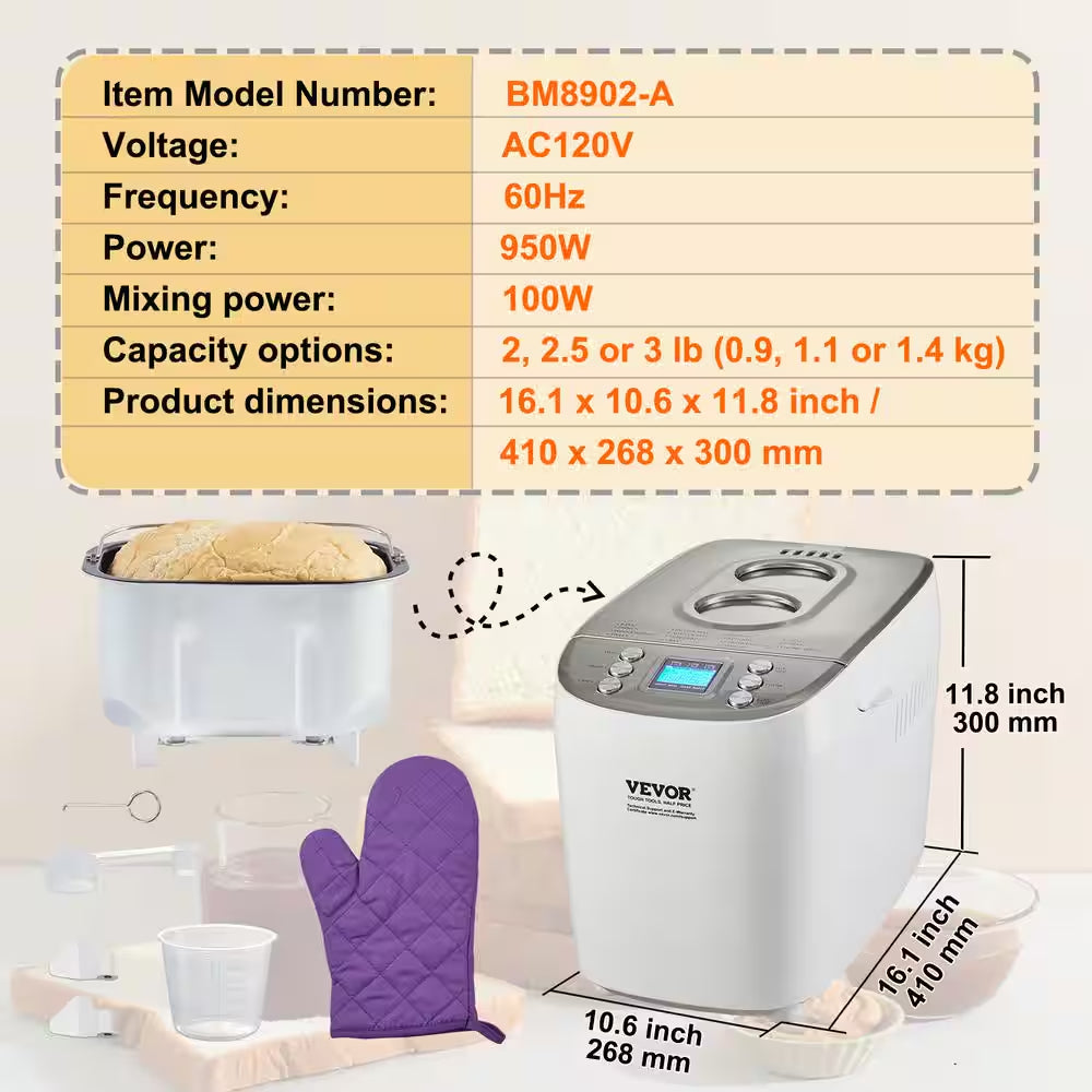 Bread Maker, 15-In-1 3 Lbs. Dough Machine, Nonstick Ceramic Pan Automatic Breadmaker with Gluten Free Setting White