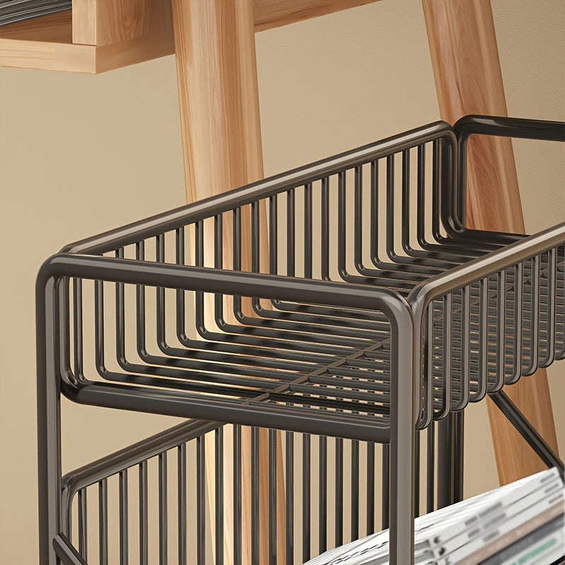 Office Bookshelf with Wheels and Storage Basket-3