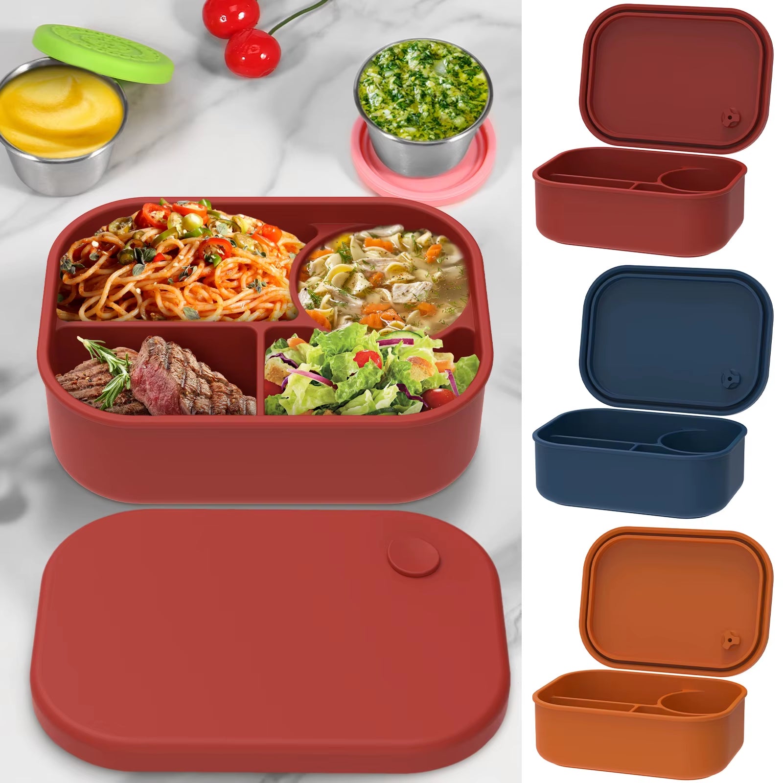 Silicone Bento Box 500Ml Portable Food Storage Container Leakproof Travel Meal Box with 4 Compartment Microwave Safe for Home