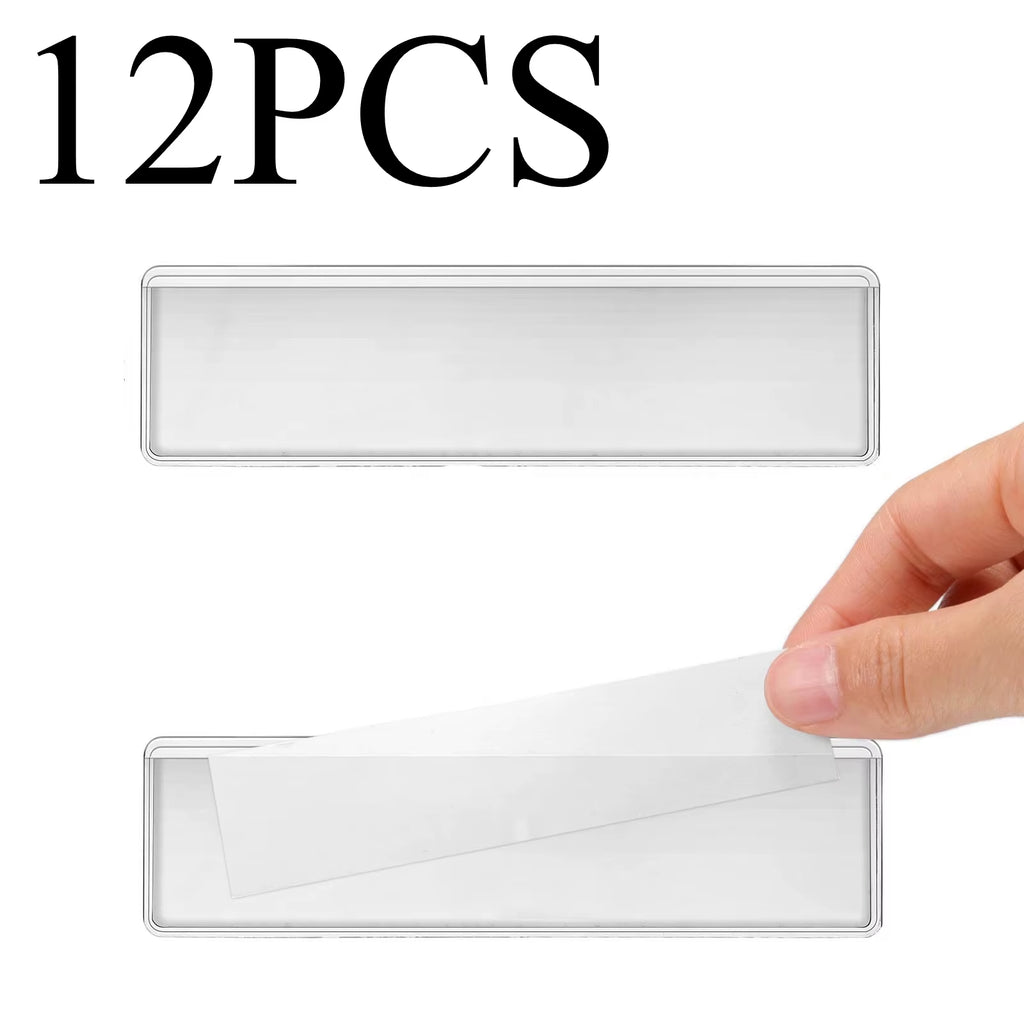 12Pcs Clear Adhesive Shelf Tag Pockets Index Card Label Holders for Organizing Classify Items Stationery Office Supplies