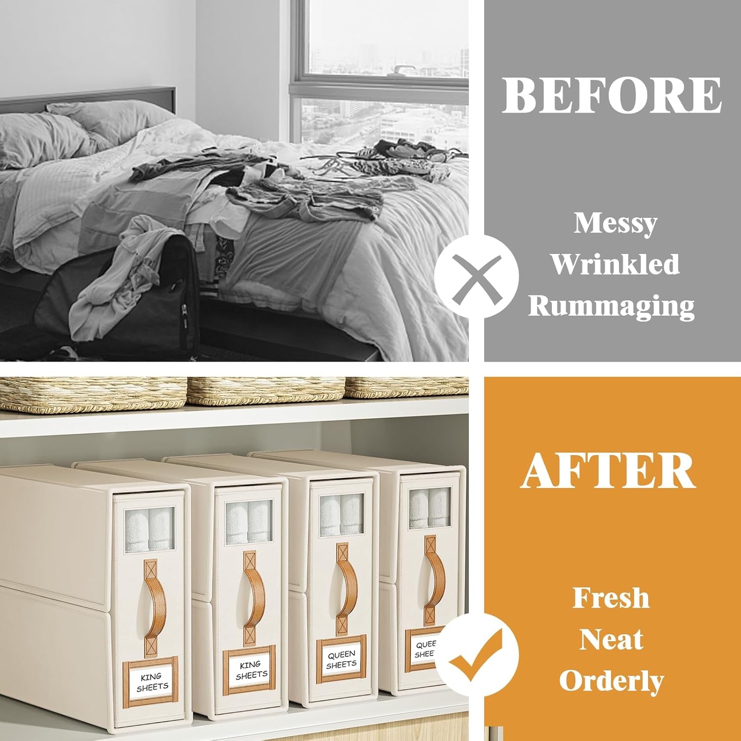 4 Pack Foldable Bed Sheets Set Organizers and Storage(King & Queen Size),Linen Fabric Closet Organizers with Window,Folding Bedding Storage Box for Bedsheets and Pillow Cube Organizer-Beige