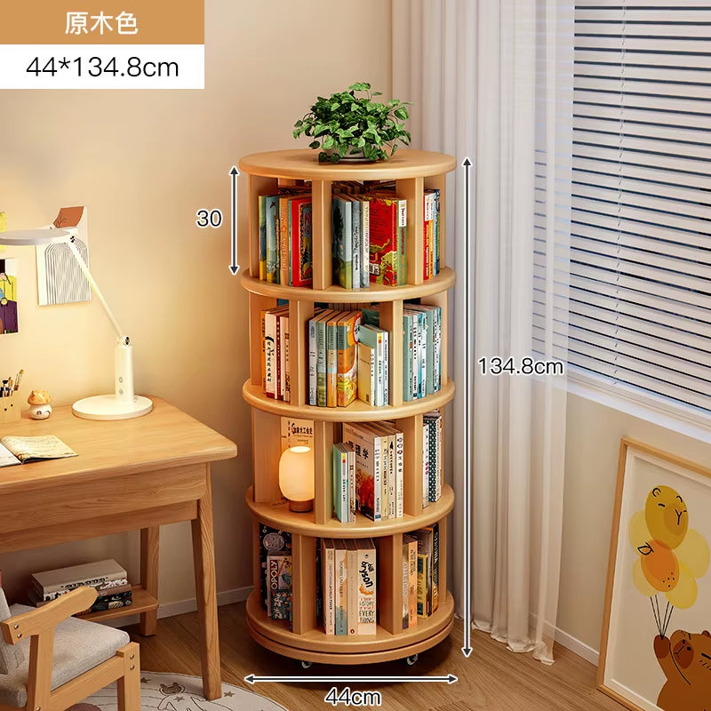 Solid Wood Rotating Bookshelf 360 Degree Floor-Standing Bookcase Storage Rack Movable Corner Children'S Small Narrow Cabinet