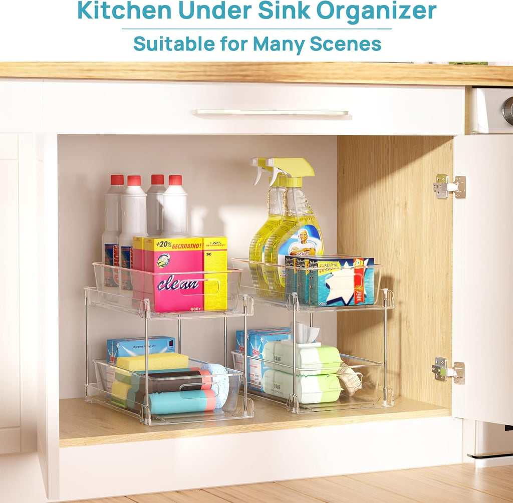4 Pack Bathroom Organizer, 2 Tier Clear under Sink Organizers Vanity Countertop Storage Container,Cabinet Drawers Bins, Pull-Out Organization with Track for Pantry, Kitchen