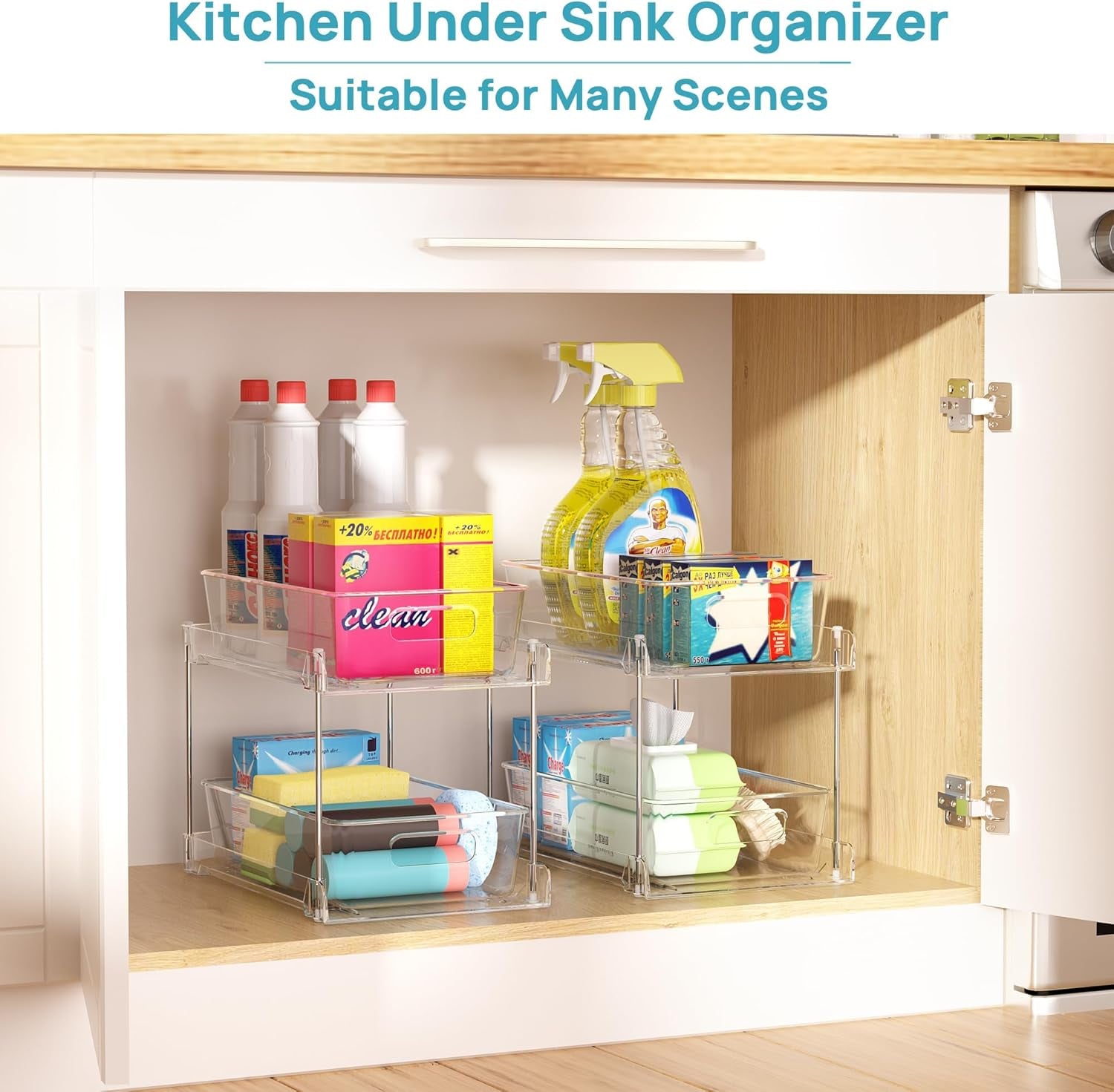4 Pack Bathroom Organizer, 2 Tier Clear under Sink Organizers Vanity Countertop Storage Container,Cabinet Drawers Bins, Pull-Out Organization with Track for Pantry, Kitchen