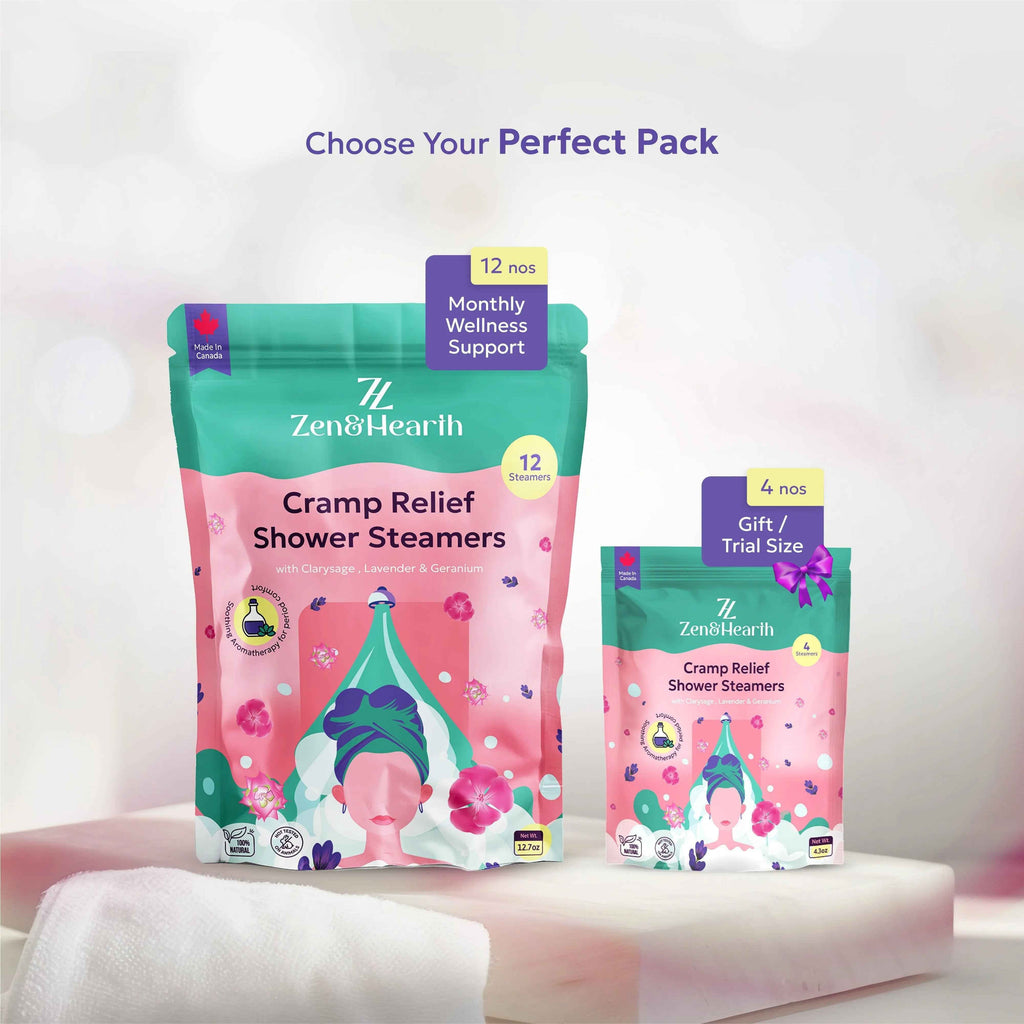 Zen & Hearth Cramp Relief Shower Steamers - Handcrafted Aromatherapy Tablets with Clary Sage, Lavender & Geranium for Period Pain Relief & Relaxation Made in Canada