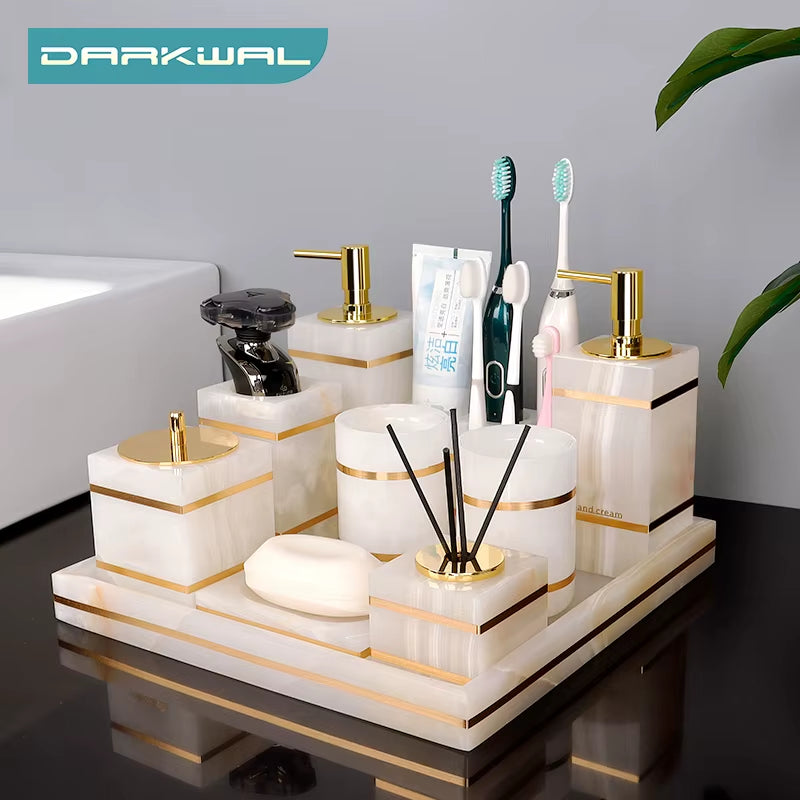 White Onyx Natural Marble Bathroom Accessories Set Gold Luxury Soap Dispenser Soap Dish Tray Toothbrush Holder Bathroom Set