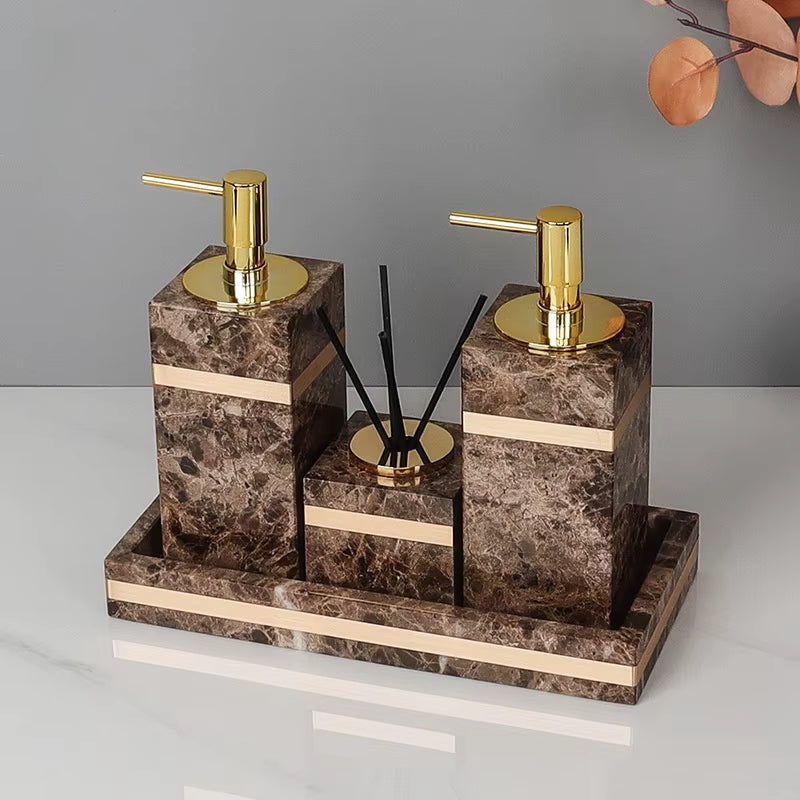 Emperador Dark Natural Marble Bathroom Set Luxury Stone Toothbrush Holder Tooth Mug Soap Dispenser Bathroom Accessories