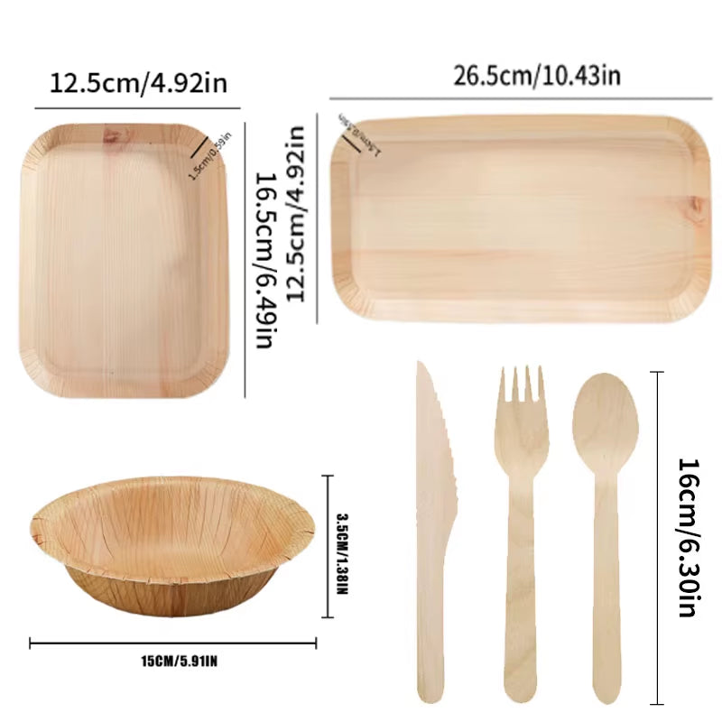 50Pcs Disposable Paper Plates Compostable Wood Grain Paper Tray Natural Wooden Forks Spoons Set Party Table Accessorie