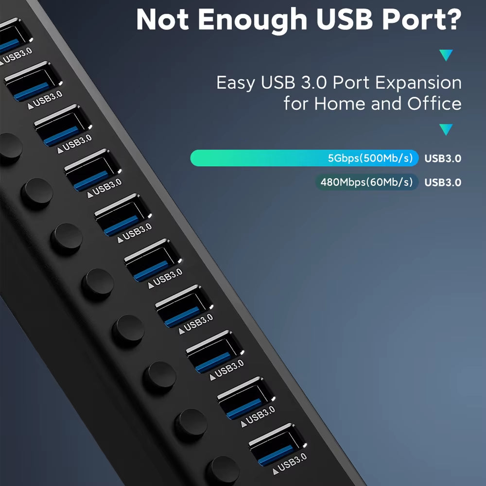 7/10/13/16 Ports Powered USB Hub Aluminum USB 3.0 Data Hub Expander with Individual On/Off Switches for Laptop Macbook Splitter