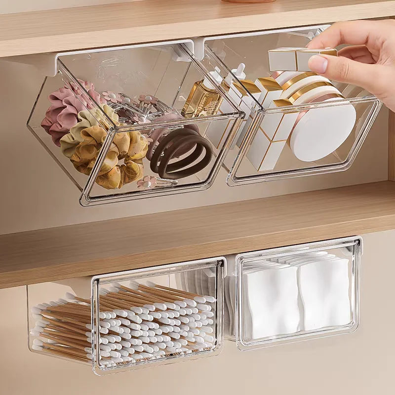 Qtip Holder Dispenser under Mirror Cabinet Pull-Out Storage Box Transparent Drawer for Cotton Pad,Swabs,Floss Makeup Organizers