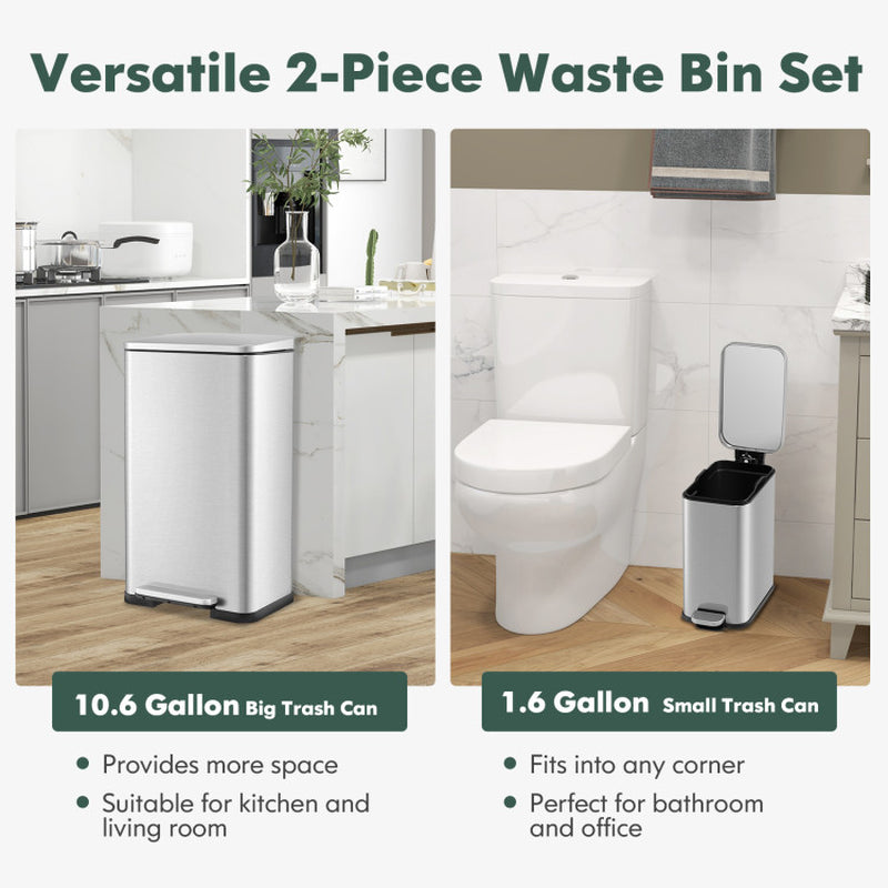 10.5 Gal and 1.6 Gal Step Trash Can Combo Set with Detachable Inner Buckets