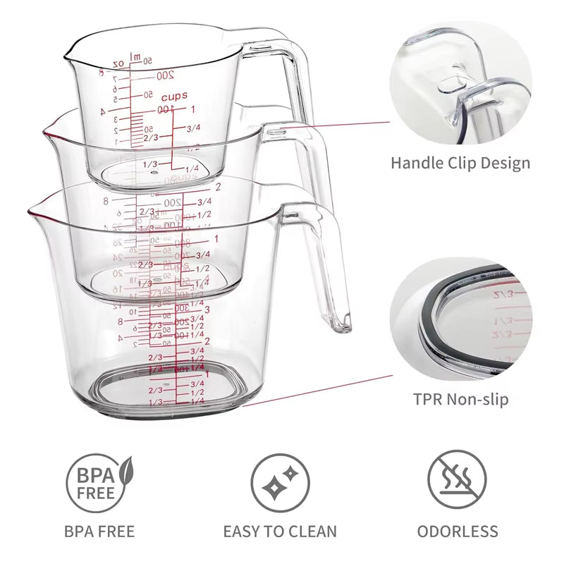 1Cup,2Cup,4Cup Transparent Nesting Measuring Cups Set Plastic Angled Grip Scales Liquid Measuring Cup for Kitchen Cooking