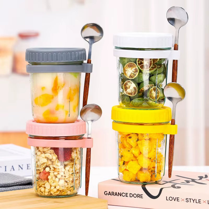 High-Value Oat Cup Transparent Glass with Lid and Spoon, Good Sealing with Scale , Simple and Multi-Color Optional Breakfast Cup